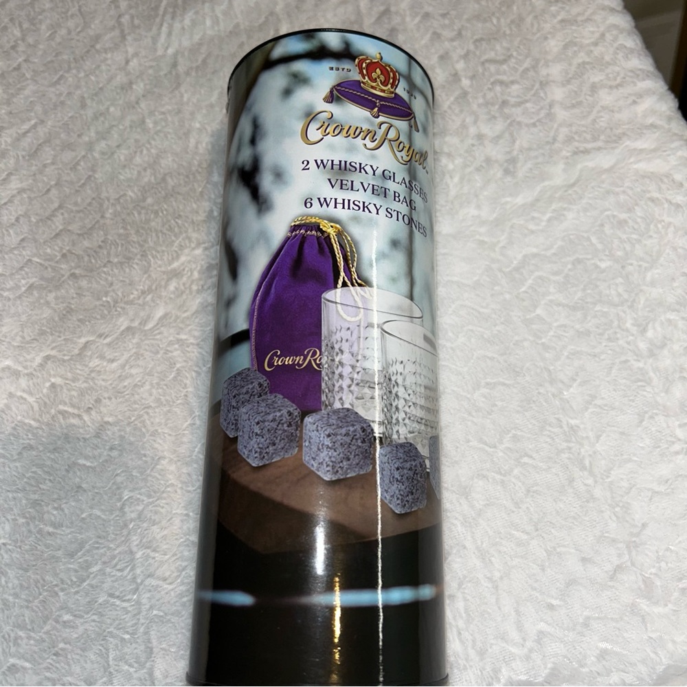 Crown Royal Whiskey Glasses (2) Beverage Stones (6) with Velvet Bag (1) Set NEW - Picture 1 of 6